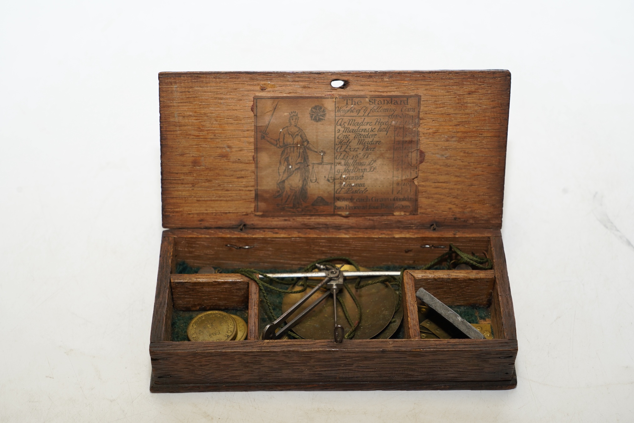 Sundry items comprising a Victorian travelling microscope, a sovereign case, a page turner in the form of a dog and scales. Condition - fair, general wear commensurate with age